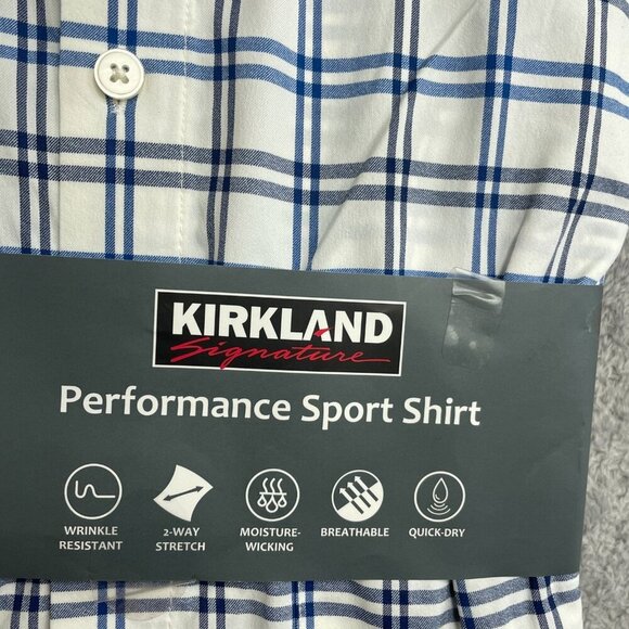 NEW Kirkland Signature Men's M Performance Sport Dress Shirt White Blue Plaid - Picture 5 of 8